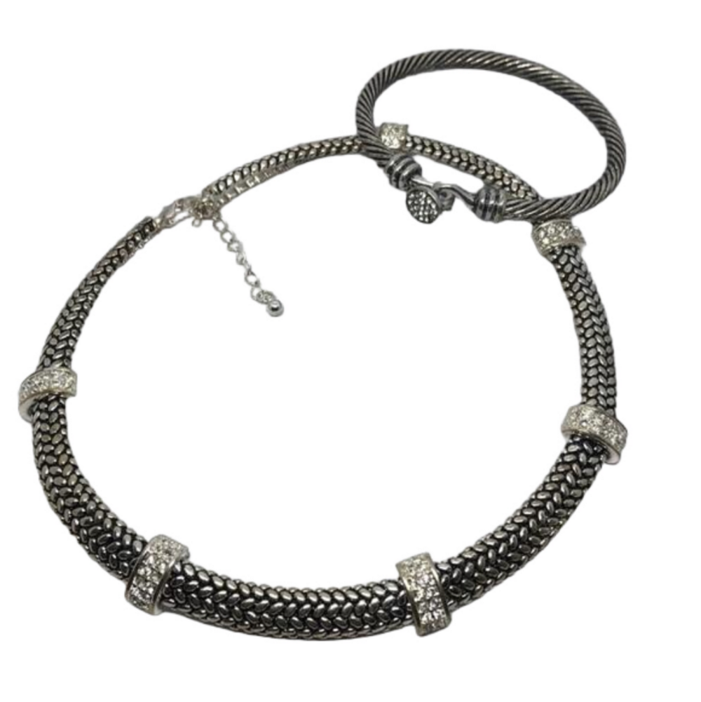 Curated bundle antique silver tone jewelry set necklace bracelet